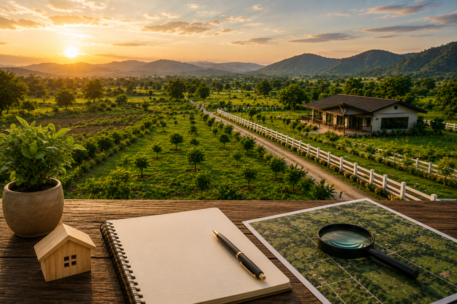 Agriculture land investment near Mumbai featuring farmland, a modern farmhouse, scenic mountain views, and long-term investment opportunities in Khopoli and Pali by Grow Farms.