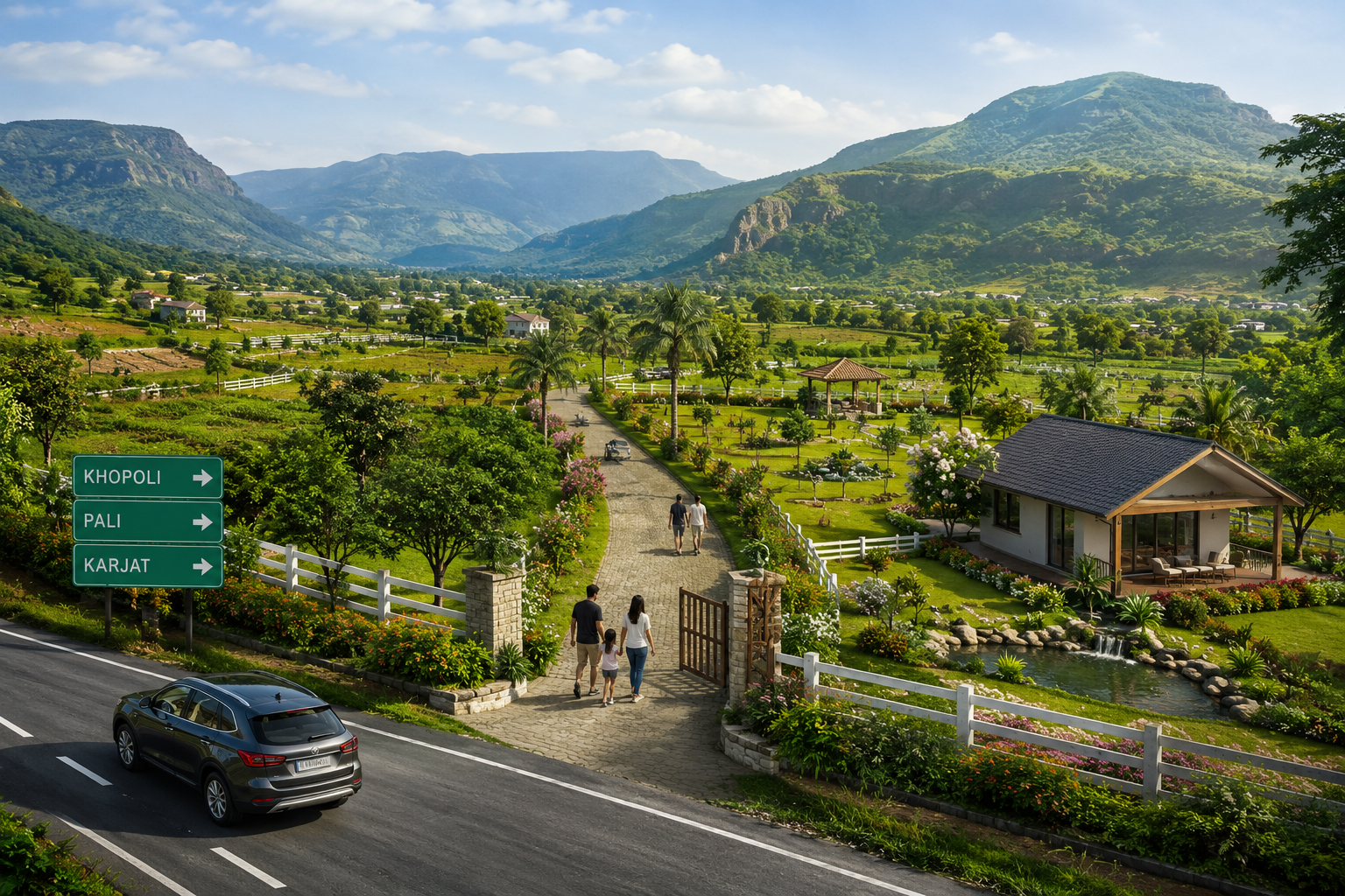 Farmhouse land under 99 kilometres from Mumbai featuring a modern farmhouse, green landscapes, Khopoli, Pali and Karjat connectivity, and weekend investment opportunities by Grow Farms.
