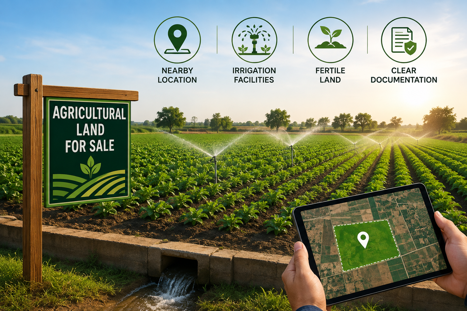 GrowFarm agricultural land for sale with lush crop fields, irrigation sprinklers, water channel, and a tablet showing a mapped farmland plot.