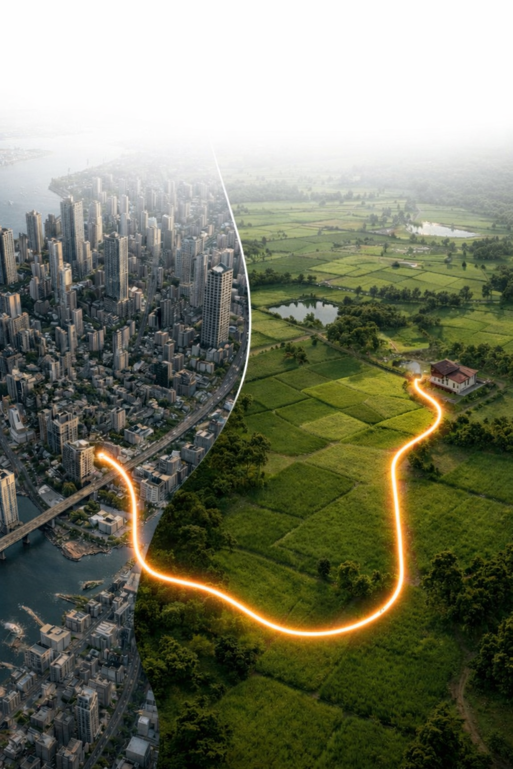 Urban cityscape transitioning to lush farmland by Growfarm, showing connectivity between Navi Mumbai and peaceful agricultural land