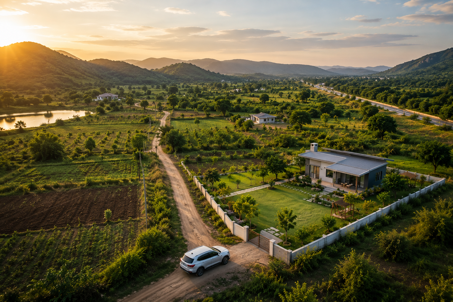 Agriculture land for sale near Mumbai featuring a modern farmhouse, cultivated farmland, mountain views, private road access, and investment opportunities near Khopoli and Pali by Grow Farms.