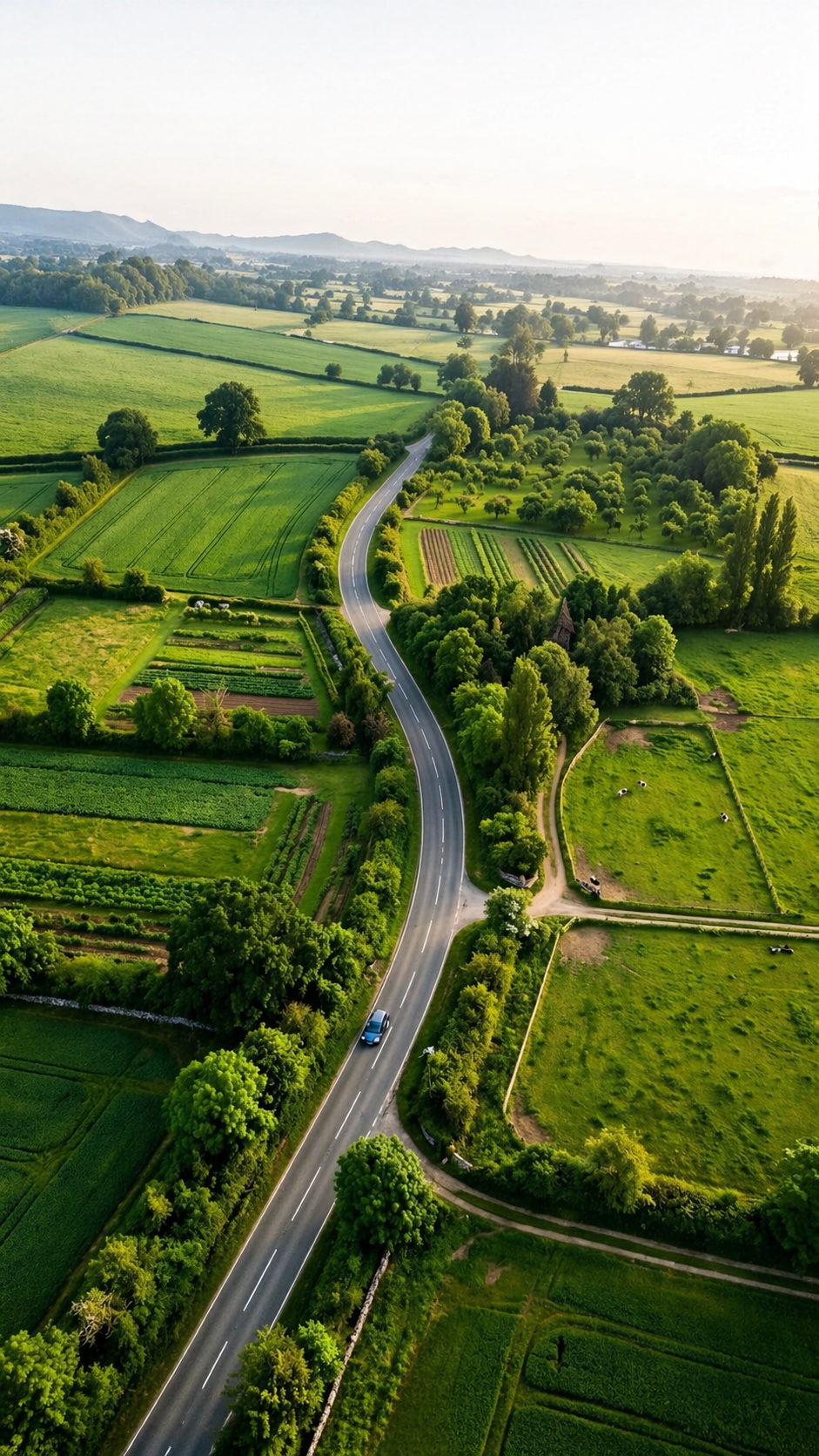 Grow Farms farmland project featuring well-planned green plots, road connectivity, and serene countryside environment